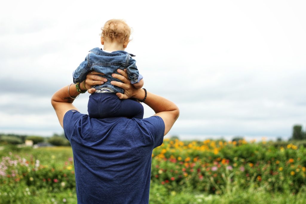Photo from behind of a father holding his child up on his shoulders in a meadow