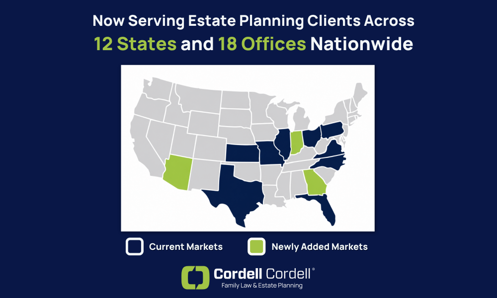 Map of states where Cordell & Cordell Estate Planning services are available.