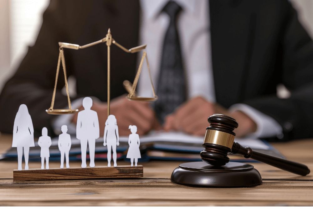 A balanced scale and a gavel in focus, with cutout figures of people and a blurred lawyer working at a desk in the background, symbolize legal proceedings.