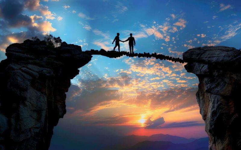 Two silhouetted figures meet halfway on a rope bridge spanning a vast chasm, amidst a dramatic sunset sky with clouds and mountains in the background.