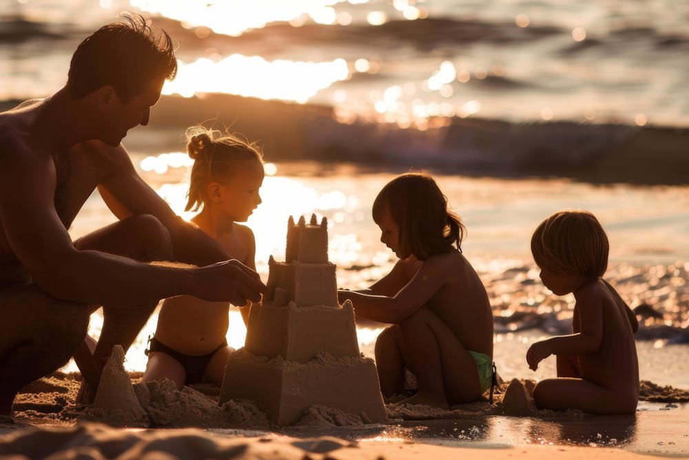 A family builds a sandcastle at the beach during sunset, with sparkling water in the background.