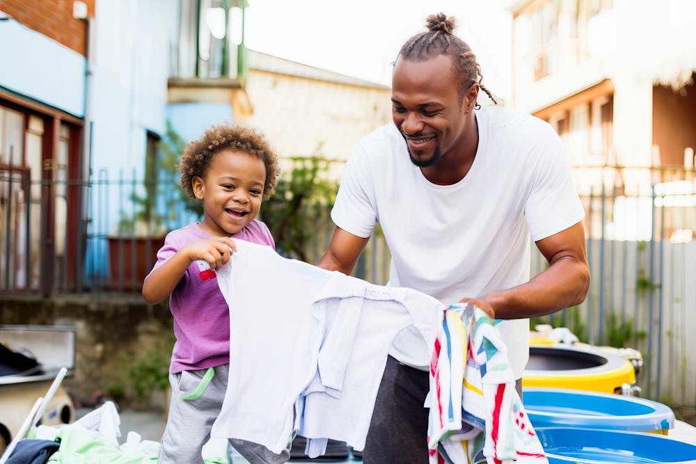 A smiling man and a child are hanging laundry outdoors near colorful bins.