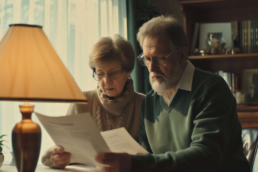 Two senior individuals are intently examining documents together in a warmly lit, cozy interior room with books and a lamp.