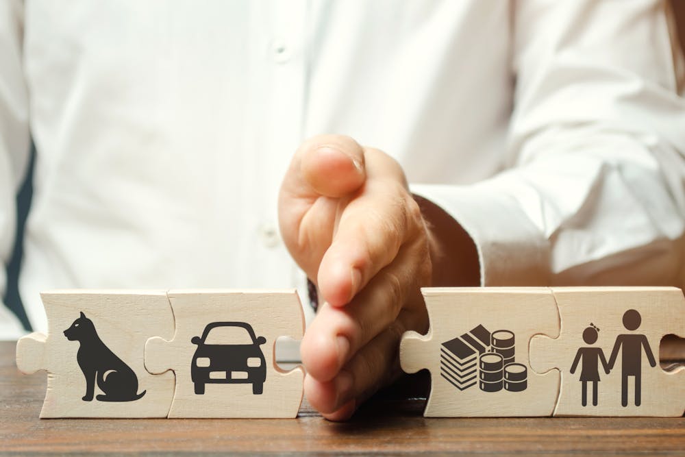 A person in a white shirt connects wooden puzzle pieces with icons symbolizing pet, car, savings, and family. The context suggests financial planning or life goals.