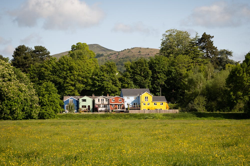 Colorful houses stand serenely before a lush hill, surrounded by greenery and a blooming meadow under a clear sky.