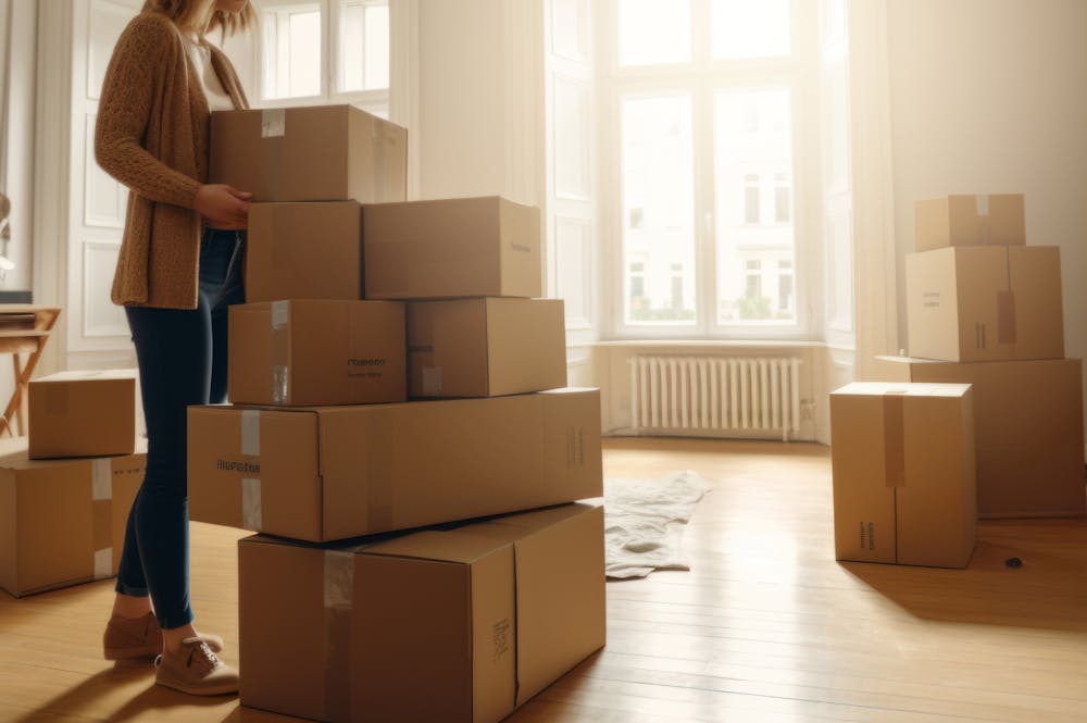 A person carries cardboard boxes, suggesting moving, inside a well-lit room with large windows and hardwood floor.