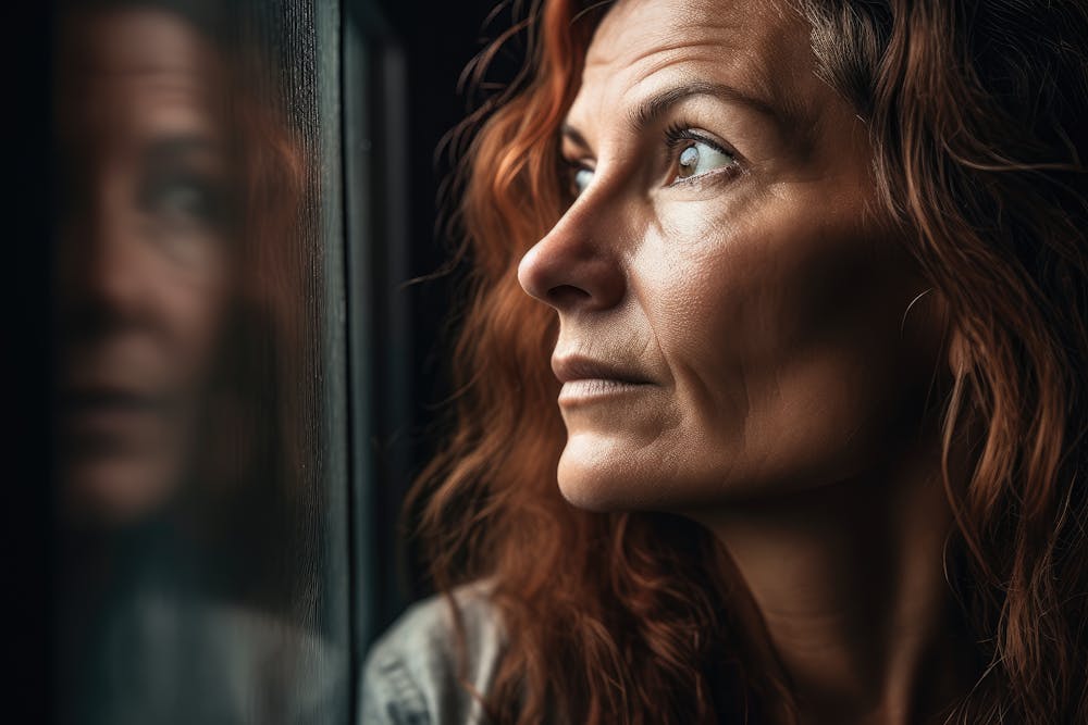 A thoughtful woman gazes out a window, with her reflection visible on the glass, amidst a darkened room setting.