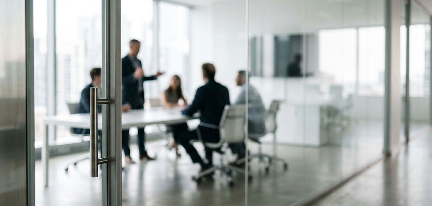 A meeting takes place behind glass doors